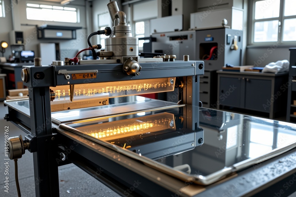 Industrial Precision Cutting Machine with Illuminated Panel Modern Factory Setting Industrial Precision Cutting Machine with Illuminated Panel Modern Factory Setting