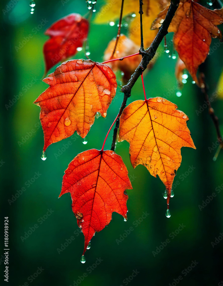 Fototapeta premium Close-up shot of orange leaves after rain