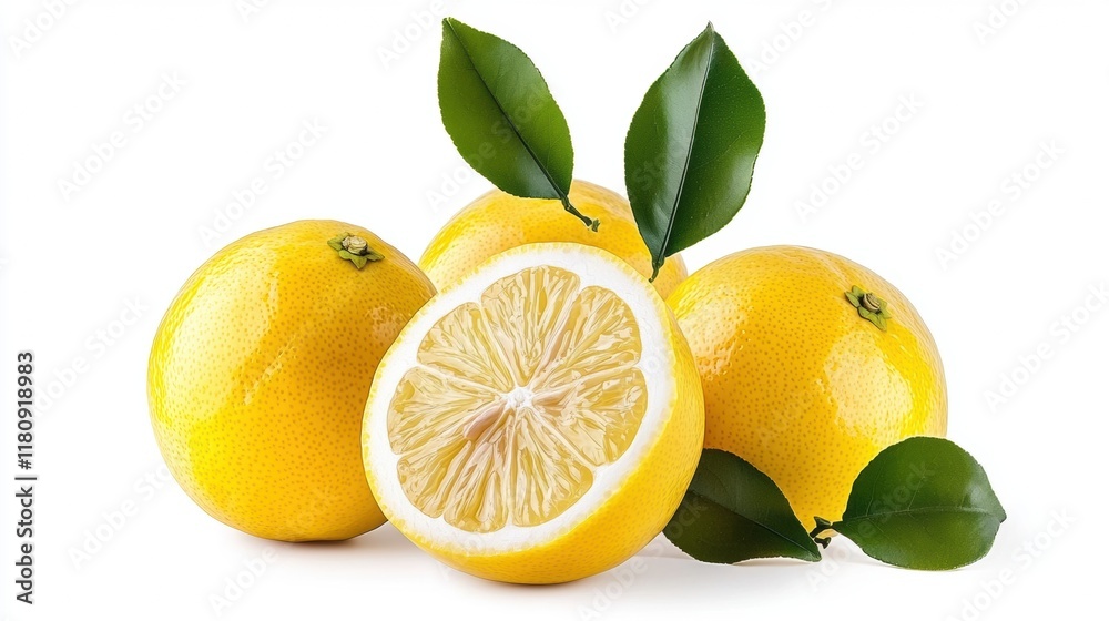 Fresh Yuzu Fruit with Green Leaves on White Background Fresh Yuzu Fruit with Green Leaves on White Background