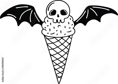 A skull in an ice cream cone vector illustration, A skull in an ice cream cone silhouette, A skull in an ice cream cone line art vector