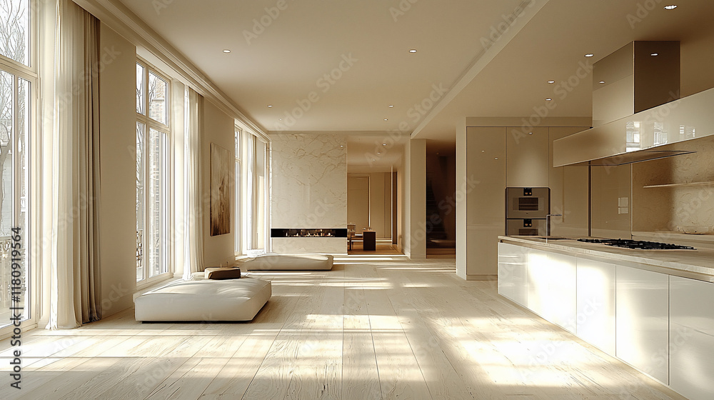 Obraz premium Sunlit minimalist apartment interior with open kitchen and living area.