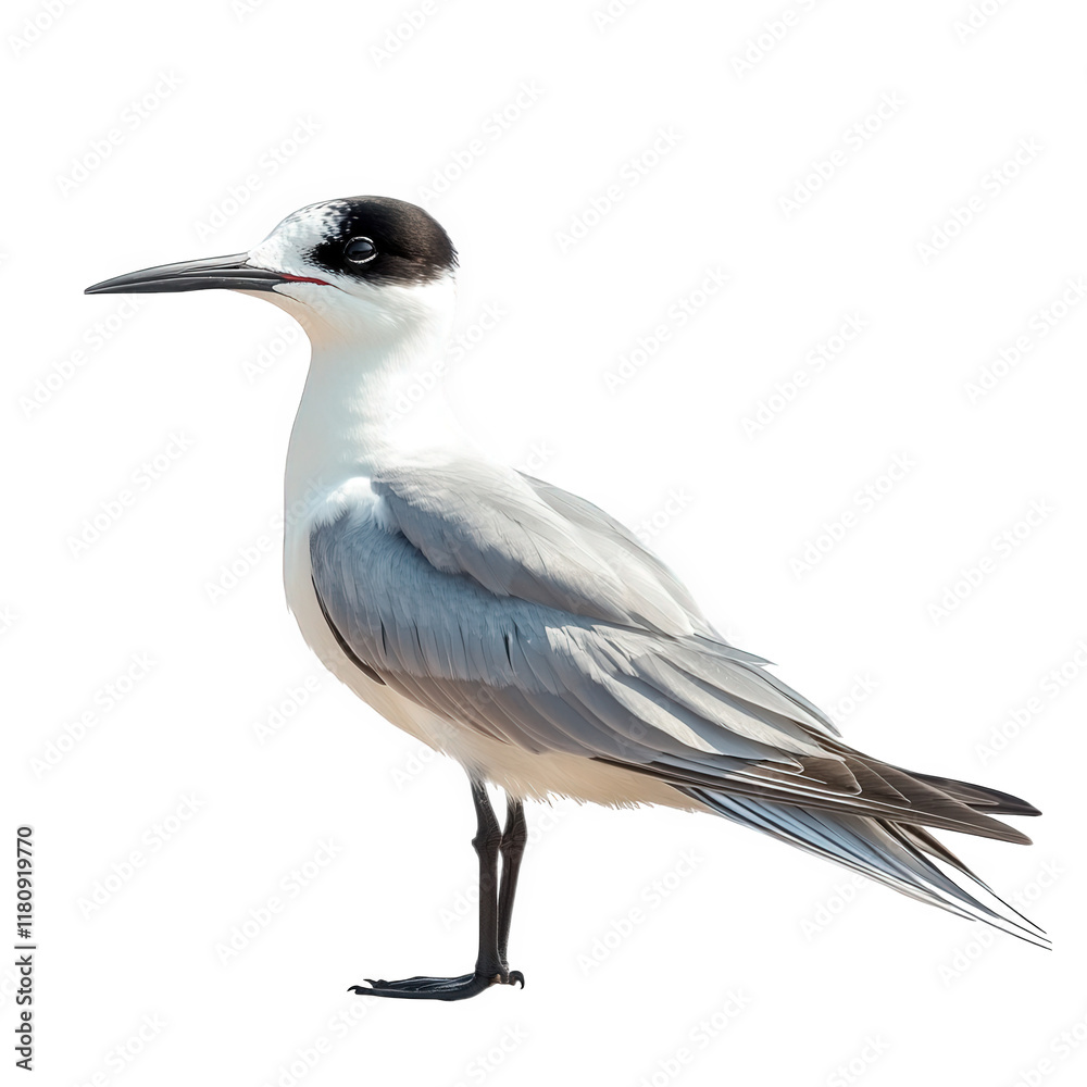 Fototapeta premium side profile of a bird with a predominantly white body. gray wings. and a distinctive black cap on its head its long. slender beak and legs suggest it is a species adapted for fishing or coastal envir
