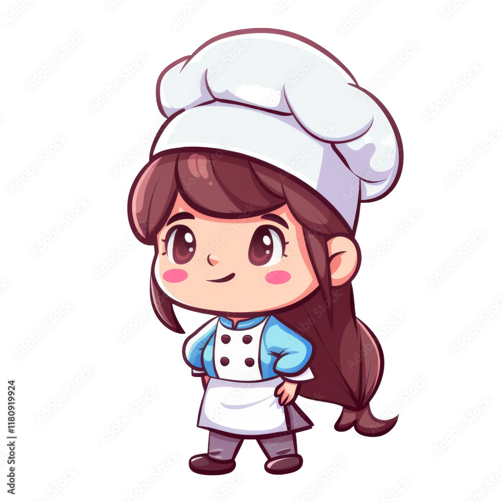 A cute cartoon girl wearing a chef hat and apron, smiling and looking to the side.