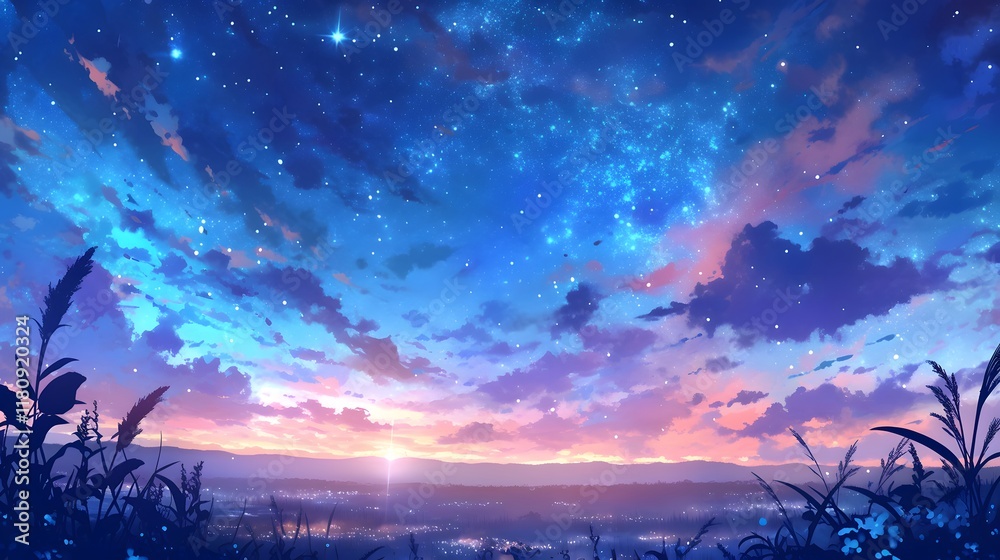 Fototapeta premium A starry night sky with glowing stars and a distant sunset, set against a dreamy anime background.
