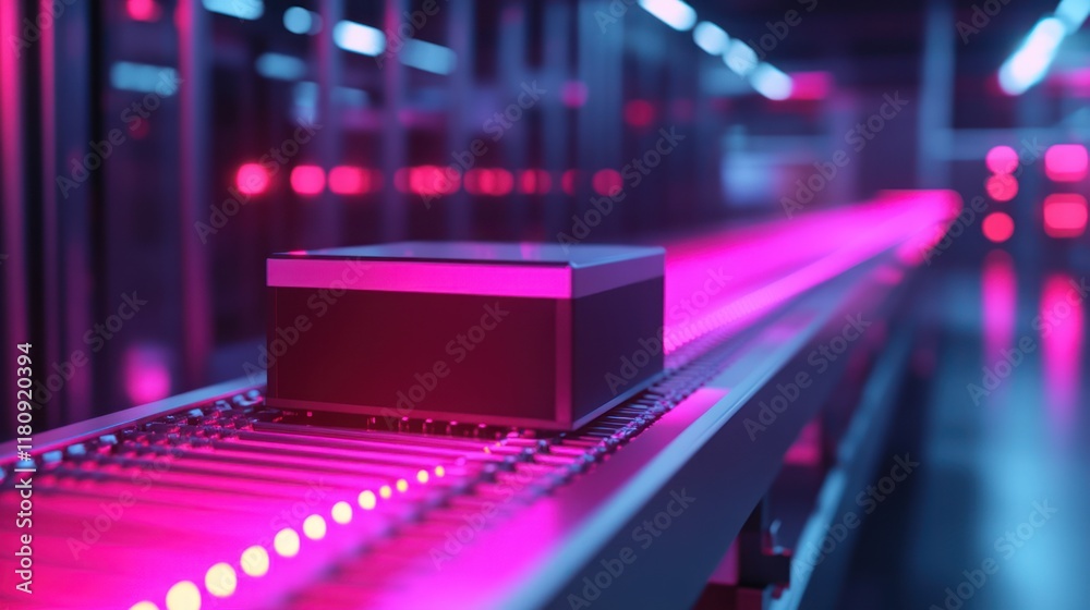 Package conveyor belt system, neon lights, warehouse, automated shipping Package conveyor belt system, neon lights, warehouse, automated shipping
