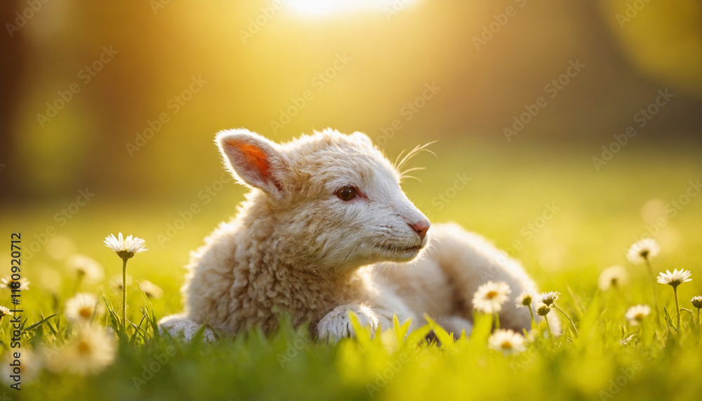 Adorable lamb resting among daisies in a sunny meadow Adorable lamb resting among daisies in a sunny meadow