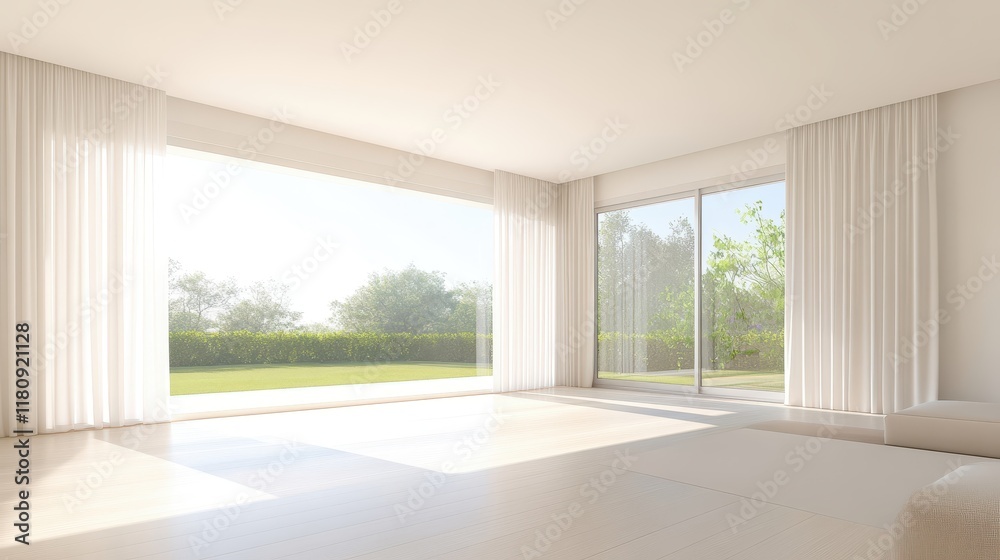 Fototapeta premium A large, empty room with white curtains and a window