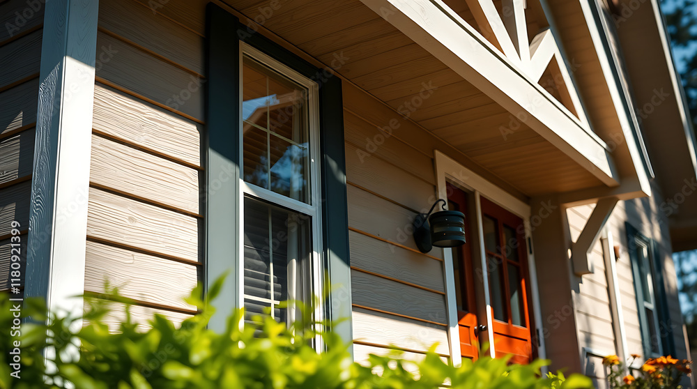 Fototapeta premium Close-up view of a house's exterior. Features beige siding, white trim, a dark-framed window, and an orange door. Part of a green bush is visible in the foreground.
