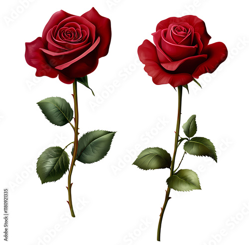 Two red roses, one rose is closed and the other open with a long stem, on a transparent background png