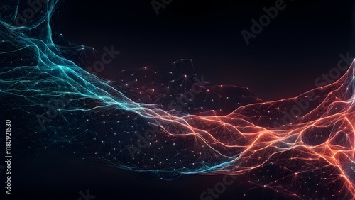 Abstract illustration of flowing energy waves in blue and red tones against a dark background.