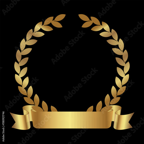 Gold laurel wreath isolated on black background. Laurel wreath with gold ribbon. Golden laurel wreath with ribbon.Vector laurel wreath.