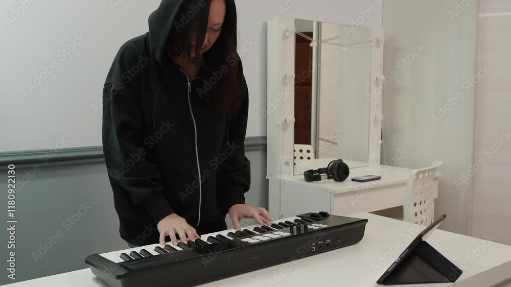 Young female composer wearing a black hoodie plays a midi keyboard connected to a tablet in her home studio, with headphones and a smartphone on a vanity table