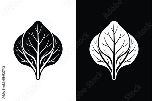 Spinach Leaves Icon. Bold Silhouette Vector Illustration in Classic Black & White
