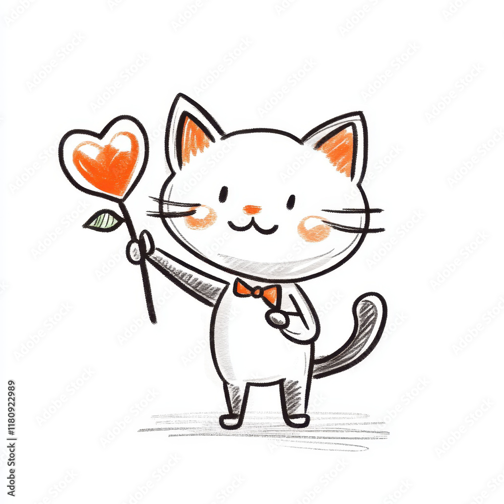 Obraz premium Cute cat illustration holding heart shaped balloon, cheerful and playful