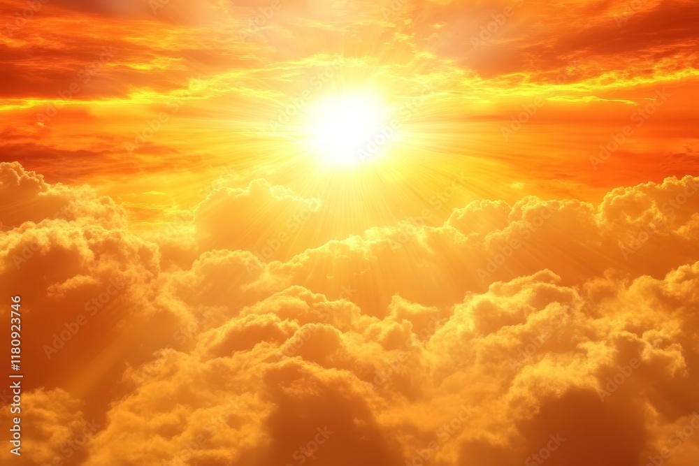 Fototapeta premium Fiery sunset with sun rays through clouds.