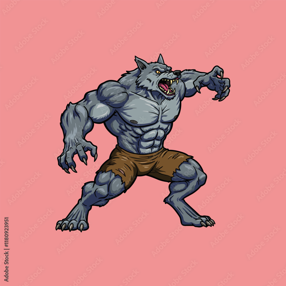 Fototapeta premium A powerful muscular werewolf illustration showcasing a fierce and aggressive posture.