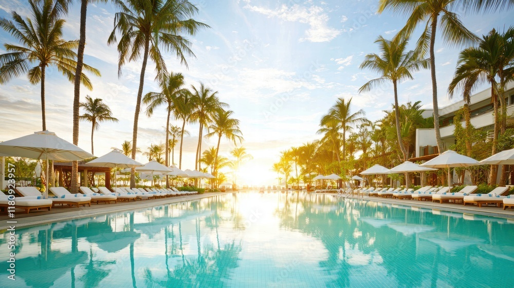 Tranquil and Elegant Resort Pool at Sunset Surrounded by Lush Palm Trees and Loungers Tranquil and Elegant Resort Pool at Sunset Surrounded by Lush Palm Trees and Loungers