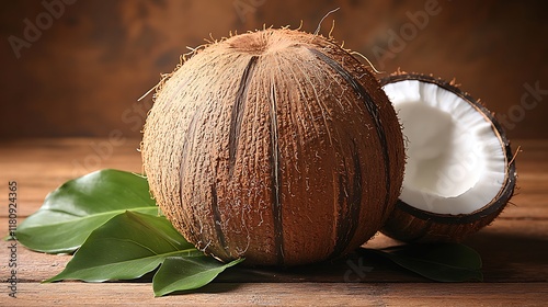 Ripe Coconut on Wooden Table with Tropical Leaves photo