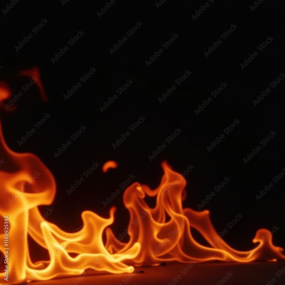 Fototapeta premium Fiery orange and yellow flames dance against a stark black backdrop , yellow, burning