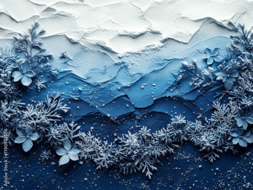 Fototapeta premium An abstract winter scene with a textured blue background reminiscent of snow-covered mountains. Delicate white flowers and frosted branches add depth and a touch of nature to the composition.