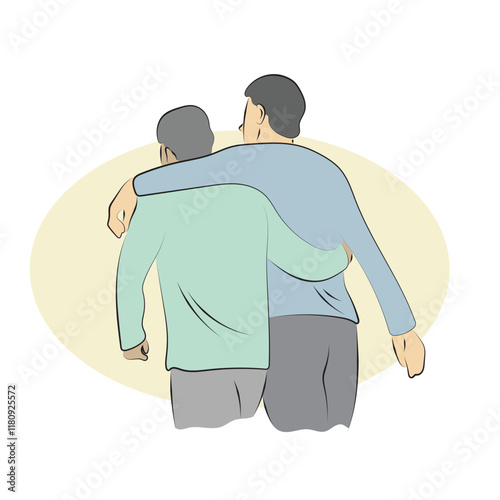 Two male friends with arms around shoulder of each other illustration vector hand drawn sketch isolated on white background