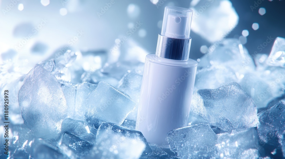 White skin care bottle with ice cubes on white background,Ice sealed skincare product,lotion,toner, skin care,Natural cosmetic products for protecting and nourishing skin of face,copy space. White skin care bottle with ice cubes on white background,Ice sealed skincare product,lotion,toner, skin care,Natural cosmetic products for protecting and nourishing skin of face,copy space.