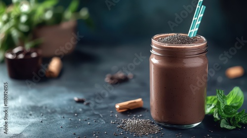 Healthy Vegan Smoothie with Superfoods - A healthy vegan smoothie with superfoods like chia seeds, spirulina, and acai, served in a glass jar with a straw photo