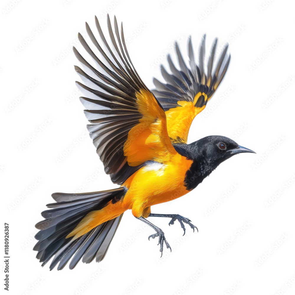 Fototapeta premium a vibrant bird in mid-flight. showcasing its striking orange and black plumage against a white background grace and beauty of the bird's wings as they spread wide. emphasizing its dynamic movement an