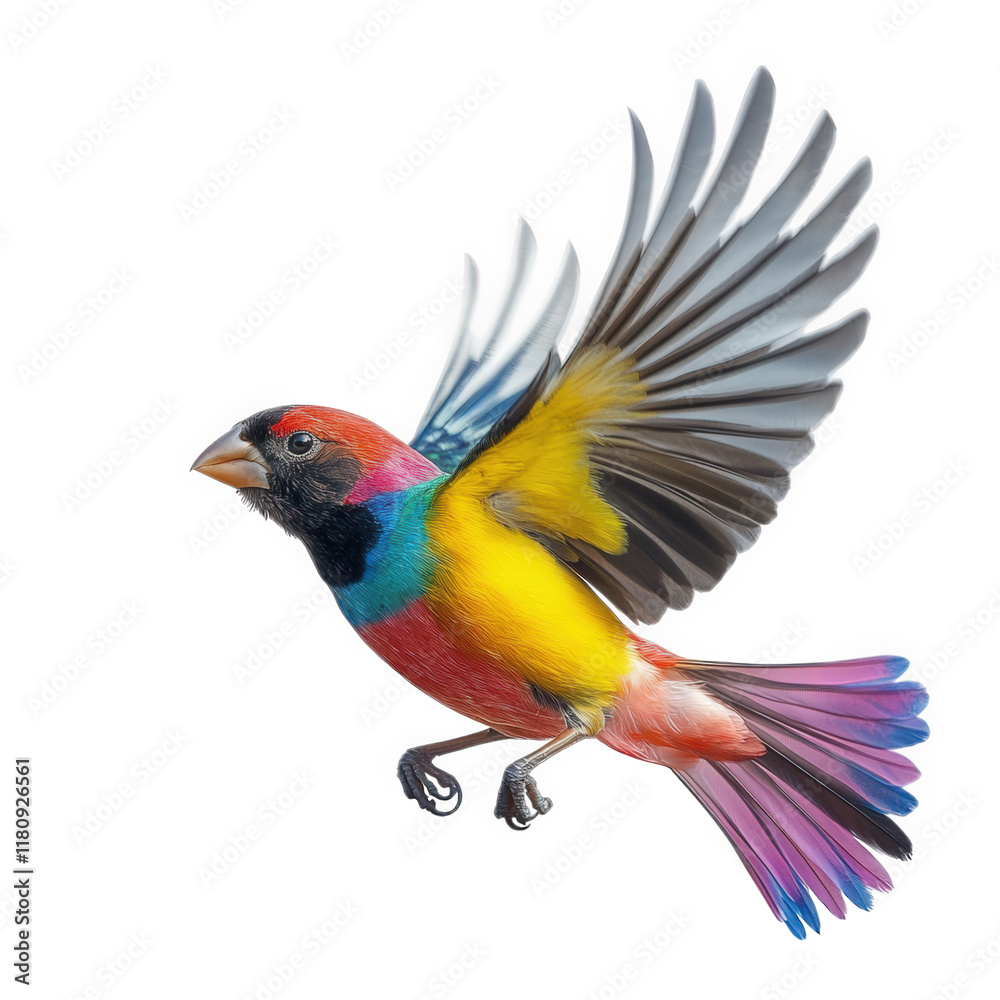 Fototapeta premium vibrant and colorful bird in mid-flight. showcasing its striking plumage with shades of red. blue. yellow. and purple the bird's wings are spread wide. emphasizing its dynamic movement and beauty agai