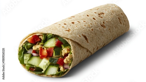 Vegan Wrap with Hummus and Veggies - A colorful vegan wrap filled with hummus, avocado, cucumber, and other fresh vegetables, wrapped in a whole wheat tortilla