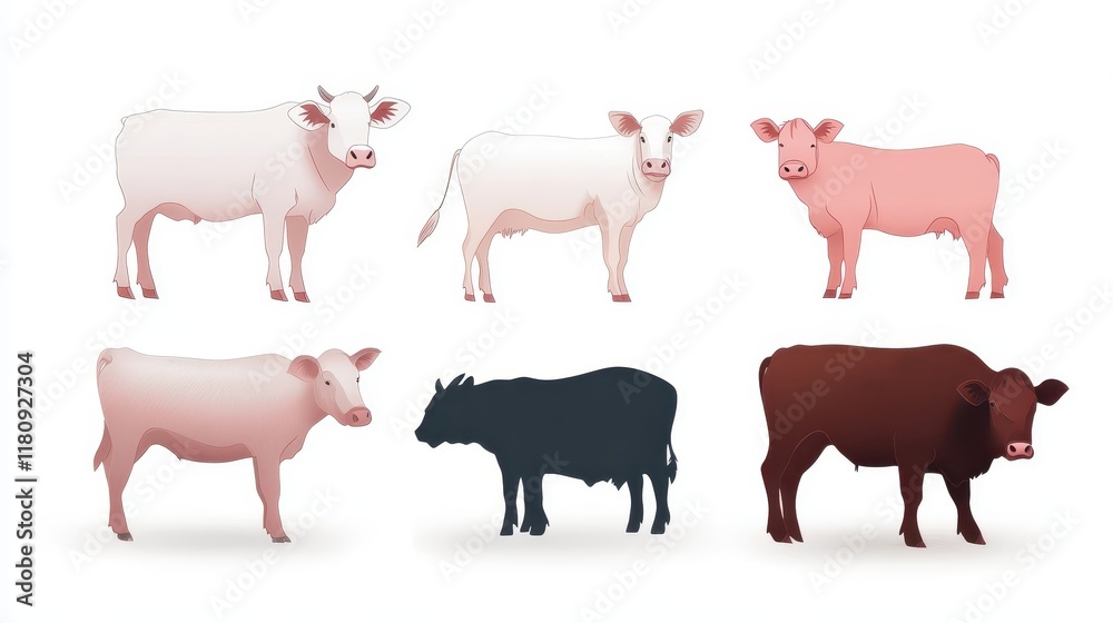 Obraz premium A group of cows in various colors, including white, black, and brown