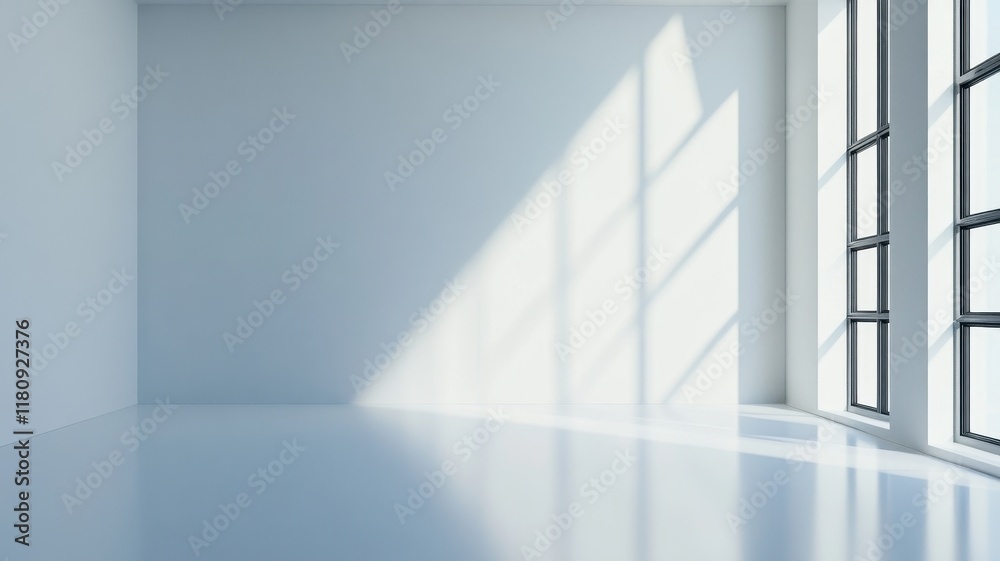 Fototapeta premium A 3D rendering of a minimalist white and grey room featuring sleek furniture and calming decor elements.