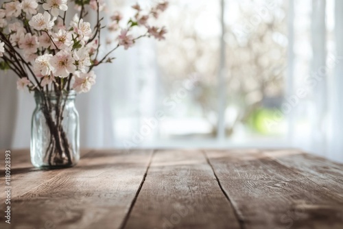 Empty wooden table with spring flowers in the vase and window in the background. Natural light. Generative Ai photo