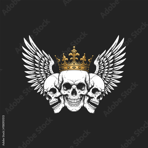 A graphic illustration depicts three skulls wearing a golden crown flanked by large wings against a black background.