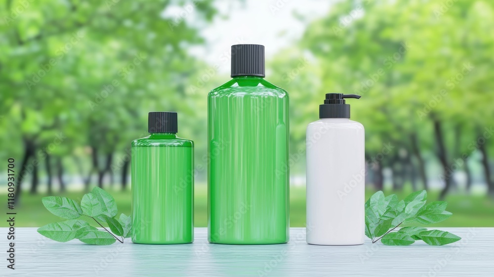Green bottles of varying sizes in nature product display outdoor Green bottles of varying sizes in nature product display outdoor