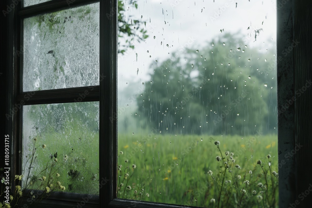 Naklejka premium Rainy day view through old window.