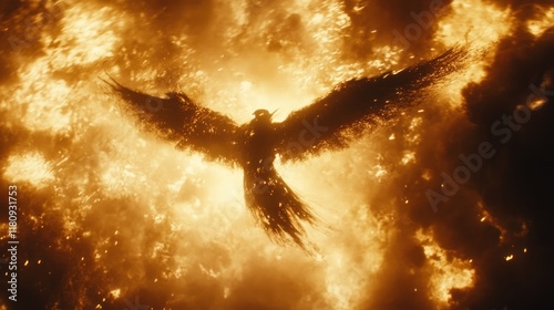 Fiery phoenix soaring through flames. photo