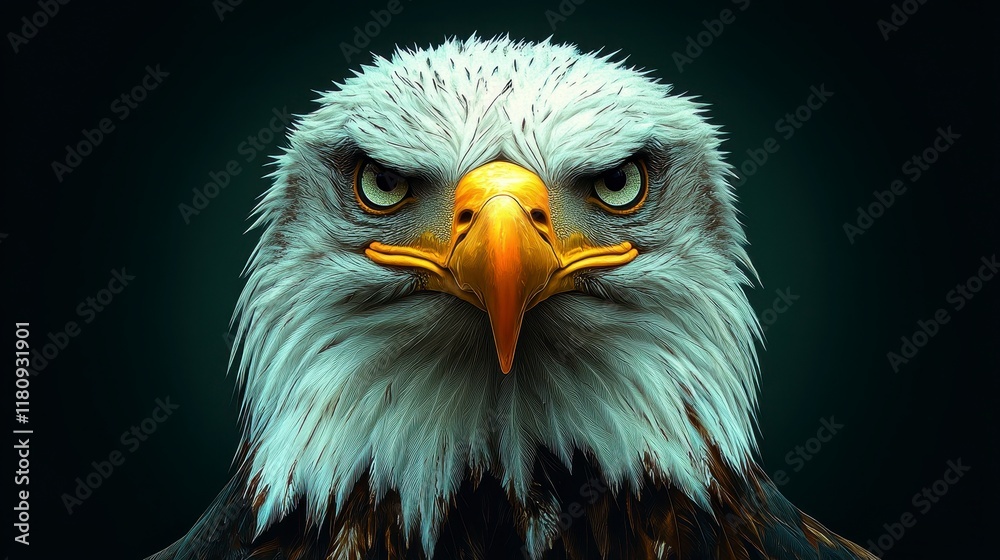 Close-up portrait of a bald eagle, intense gaze, dark background. Close-up portrait of a bald eagle, intense gaze, dark background.