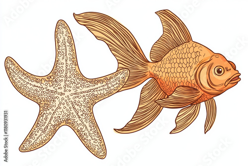 goldfish swimming alongside starfish, showcasing vibrant colors and details photo