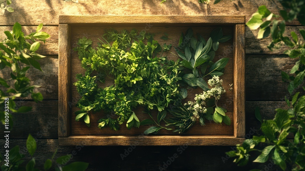 Sunlit herbs tray, rustic wood, garden setting, culinary use Sunlit herbs tray, rustic wood, garden setting, culinary use