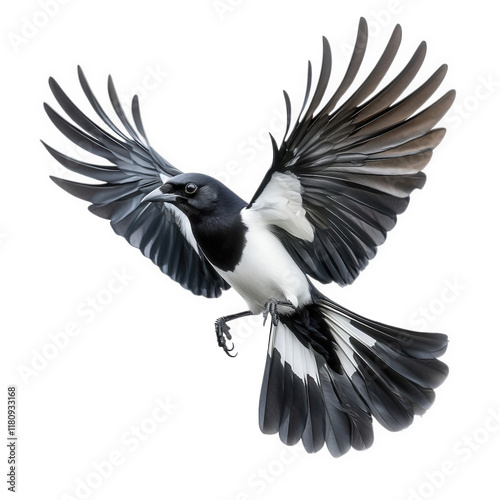 a striking image of a magpie in mid-flight. showcasing its elegant wings and distinctive black-and-white plumage against a plain background the photograph highlights the bird's graceful movement and i photo