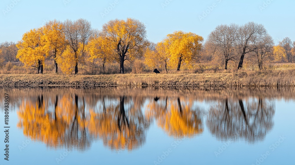 Obraz premium Serene autumn landscape with vibrant trees reflecting in calm water.