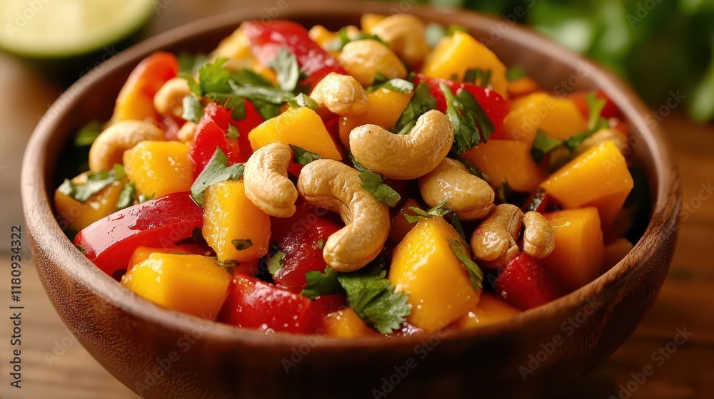 Vegan Mango Salad with Cashews - A vibrant vegan mango salad with cashews, red bell peppers, cilantro, and lime dressing, served in a bowl on a wooden table Vegan Mango Salad with Cashews - A vibrant vegan mango salad with cashews, red bell peppers, cilantro, and lime dressing, served in a bowl on a wooden table