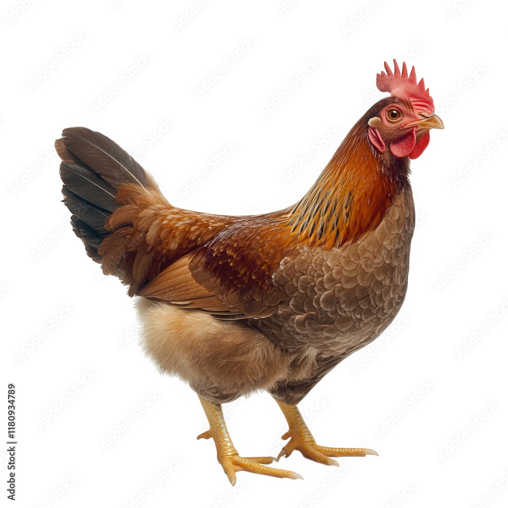 Fototapeta premium brown hen standing upright. showcasing its vibrant plumage and distinctive features such as a red comb and wattles this depiction highlights the hen's natural beauty and can serve educational or illus