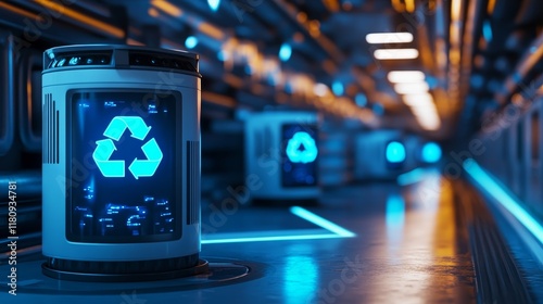 A glowing futuristic biomedical waste recycling facility with robotic processors