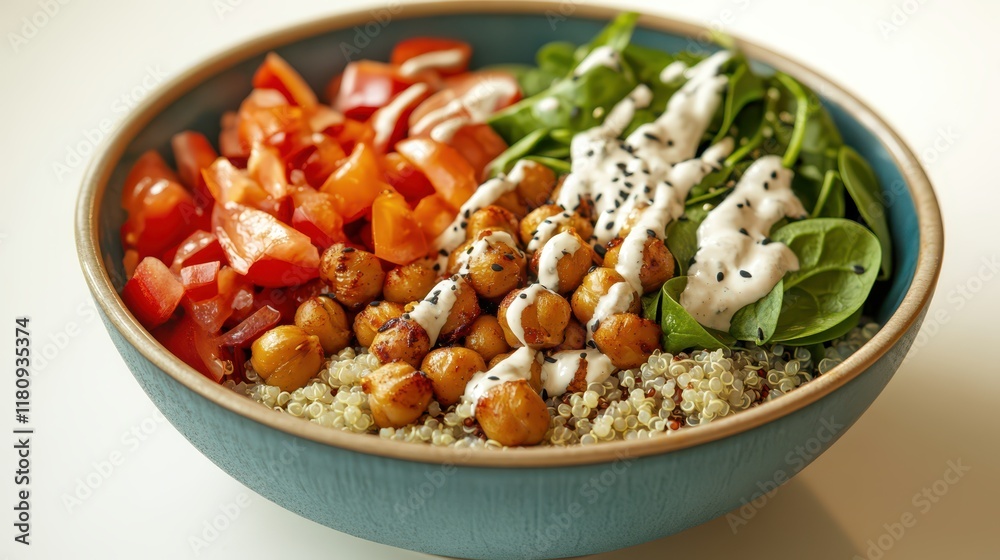 Vegan Buddha Bowl with Roasted Chickpeas and Spinach - A colorful vegan Buddha bowl with roasted chickpeas, spinach, quinoa, and tahini dressing, served in a ceramic bowl Vegan Buddha Bowl with Roasted Chickpeas and Spinach - A colorful vegan Buddha bowl with roasted chickpeas, spinach, quinoa, and tahini dressing, served in a ceramic bowl