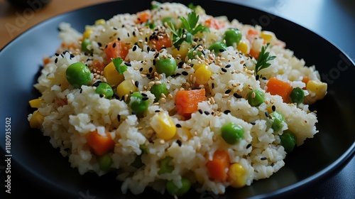 Healthy Vegan Cauliflower Rice with Vegetables - A healthy vegan meal of cauliflower rice with mixed vegetables like peas, carrots, and corn, garnished with sesame seeds photo