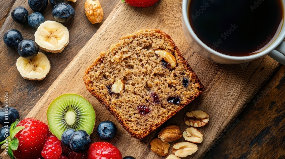 Vegan Banana Bread with Walnuts - A slice of homemade vegan banana bread with walnuts, served with a cup of coffee and a side of fruit Vegan Banana Bread with Walnuts - A slice of homemade vegan banana bread with walnuts, served with a cup of coffee and a side of fruit