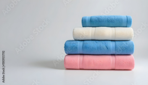 Stack of soft bath towels in pastel colors on a light background
