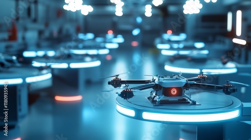 A futuristic medical drone maintenance bay glowing with automated repair stations